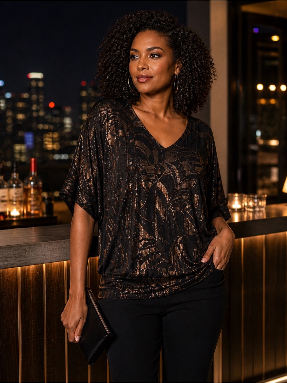 White House Black Market - Black Bronze Metallic Print - Dolman Top - L